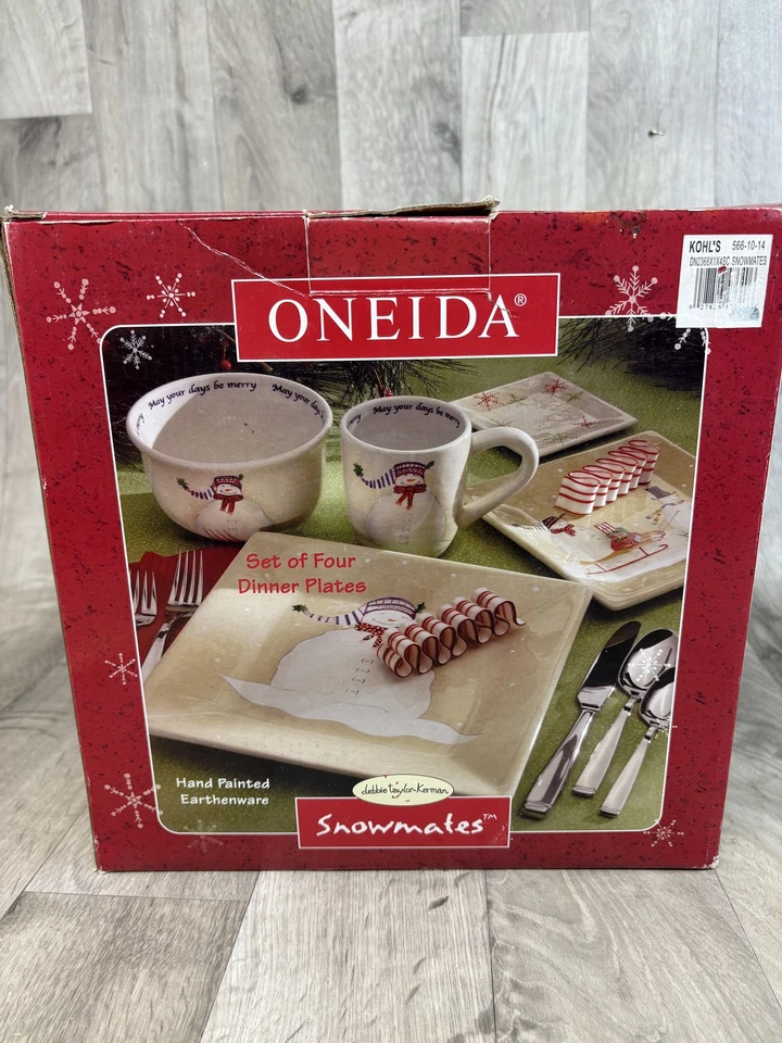 Oneida Snowmates Dinner Plates Set of 4 Hand Painted Earthenware Holiday Snowman - Image 3 of 4