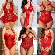 Sexy Teddy Lingerie for Womens Lace Bodysuit Halter Babydoll Sleepwear Plus Size