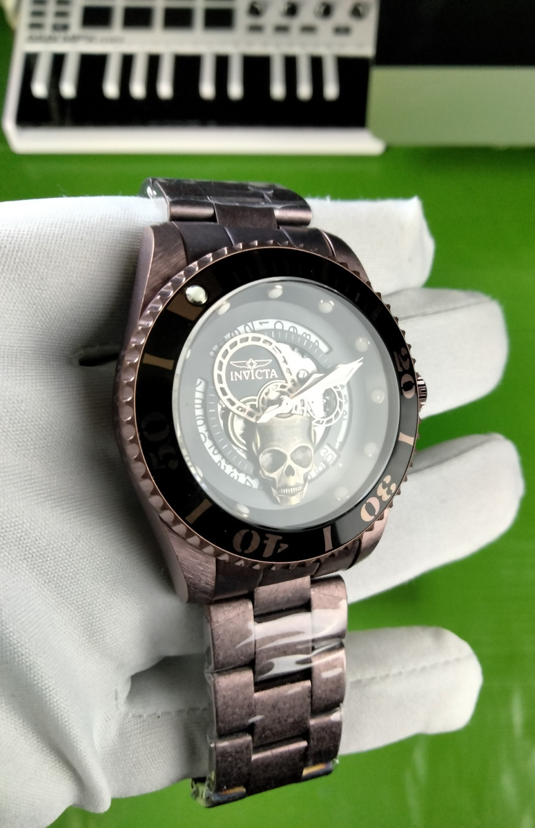 Invicta Pro Diver Brown SS Skull Head Skeleton Dial