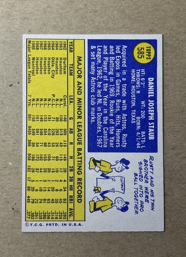 1970 Topps Baseball Rusty Staub Montreal Expos Card #585 - Picture 2 of 2