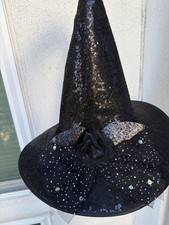 Black Sequin Witch Hat w/ Rose Gothic Halloween Costume High Quality