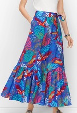 Talbots Voile Maxi Skirt Tropical Leaves Parrots NWT 129 SP PS Cotton Flowy