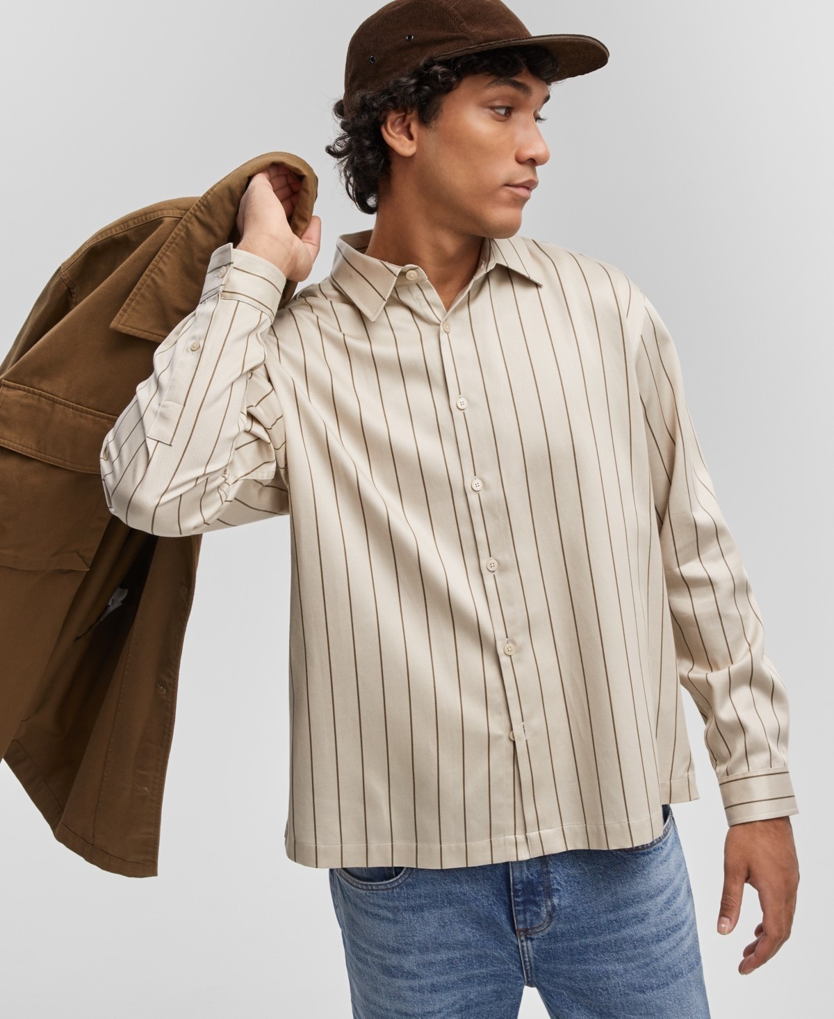 Mode of One Mens Relaxed Fit Striped Button Up Shirt in Dark Ecru Size L