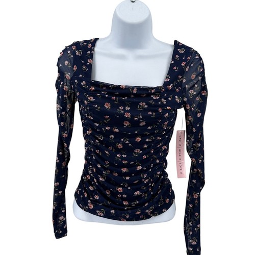 Crave Fame Blouse Womens S Navy Blue Floral Mesh Long Sleeves Ruched Square Neck