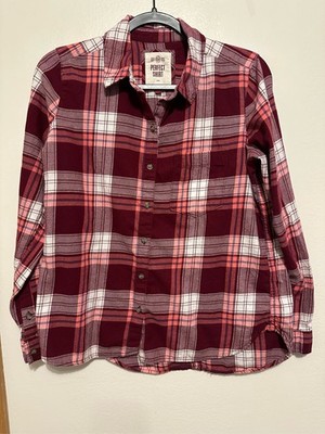 SO Perfect Shirt Women's M Burgundy Pink Plaid Flannel Button Down Relaxed Soft