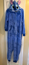 Disney Stitch Hooded Zip One Piece Fleece Pajama/Costume Pockets Blue