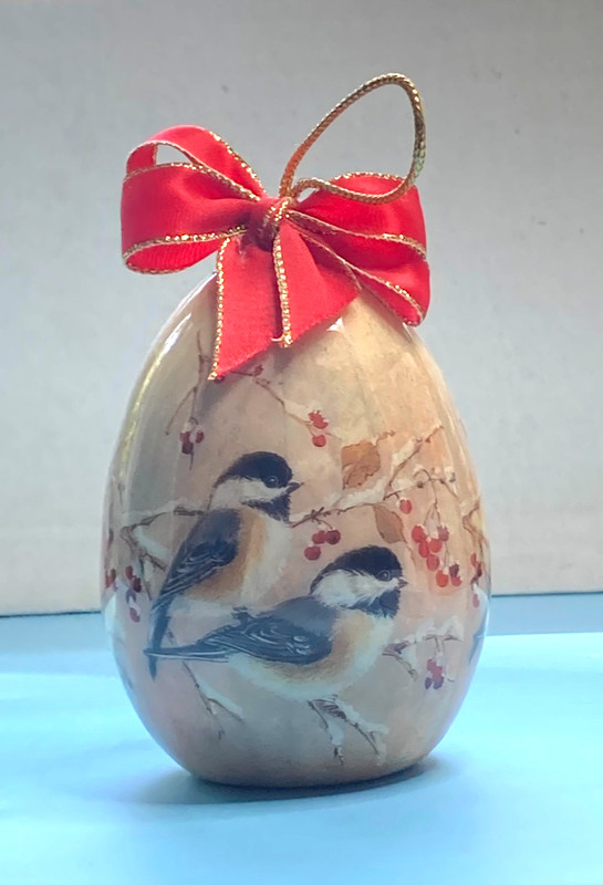 Patricia Reach Oblong Decoupage Chickadee Ornament