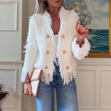 Elegant Women's Tweed Jacket Fringe Blazer Metallic Button Coat