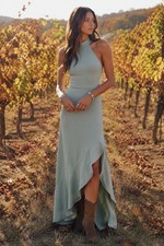 Lulus Majestic Perfection Maxi Dress Sz XS Sage Green Ruffled Halter Gown Formal