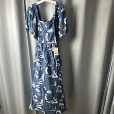 A New Day Women's Blue/White Abstract Square Neck Tie Waist Midi Dress M