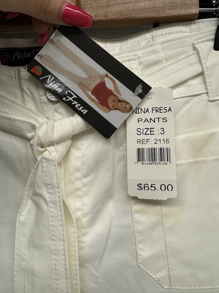 Pantalones acampanados cargo tiro bajo blanco con cinturón Nina Fiesta vintage Y2K nuevos con etiquetas talla 3 Foto 4 de 4