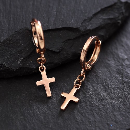 18K ROSE GOLD FILLED PLAIN CROSS DROP MENS LADIES SMALL HOOP DANGLE EARRINGS NEW - Picture 2 of 6