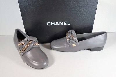 CHANEL 36 Grey Gray Lambskin Gold Woven Chain Mocassins Loafers