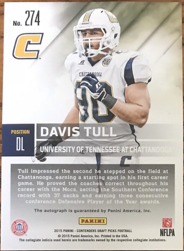 2015 Panini Contenders Draft Picks College Draft Ticket Red Foil Davis Tull #274 - Picture 2 of 2