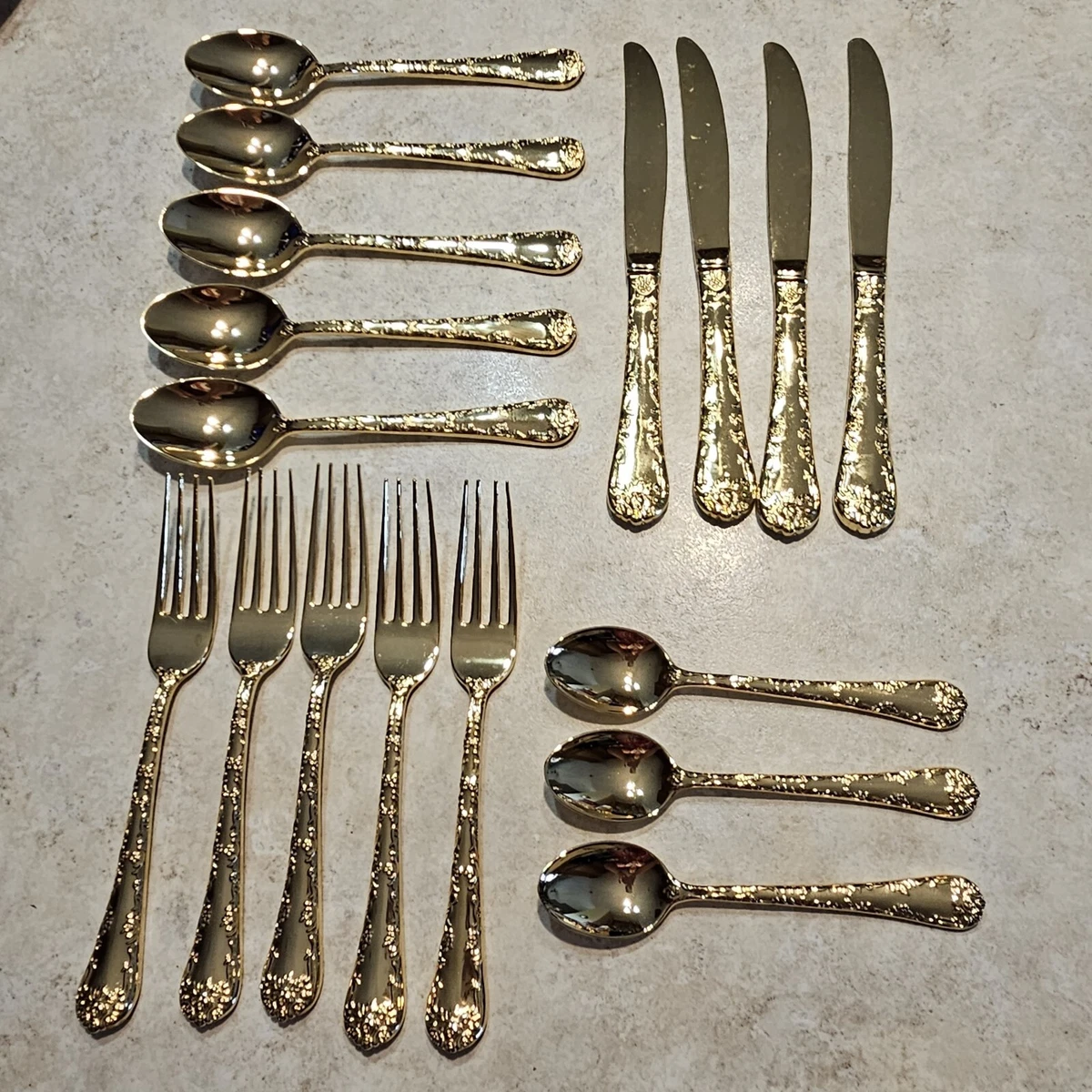 Wm Rogers Golden Enchanted Rose Flatware Set 17pc set gold electroplate IS