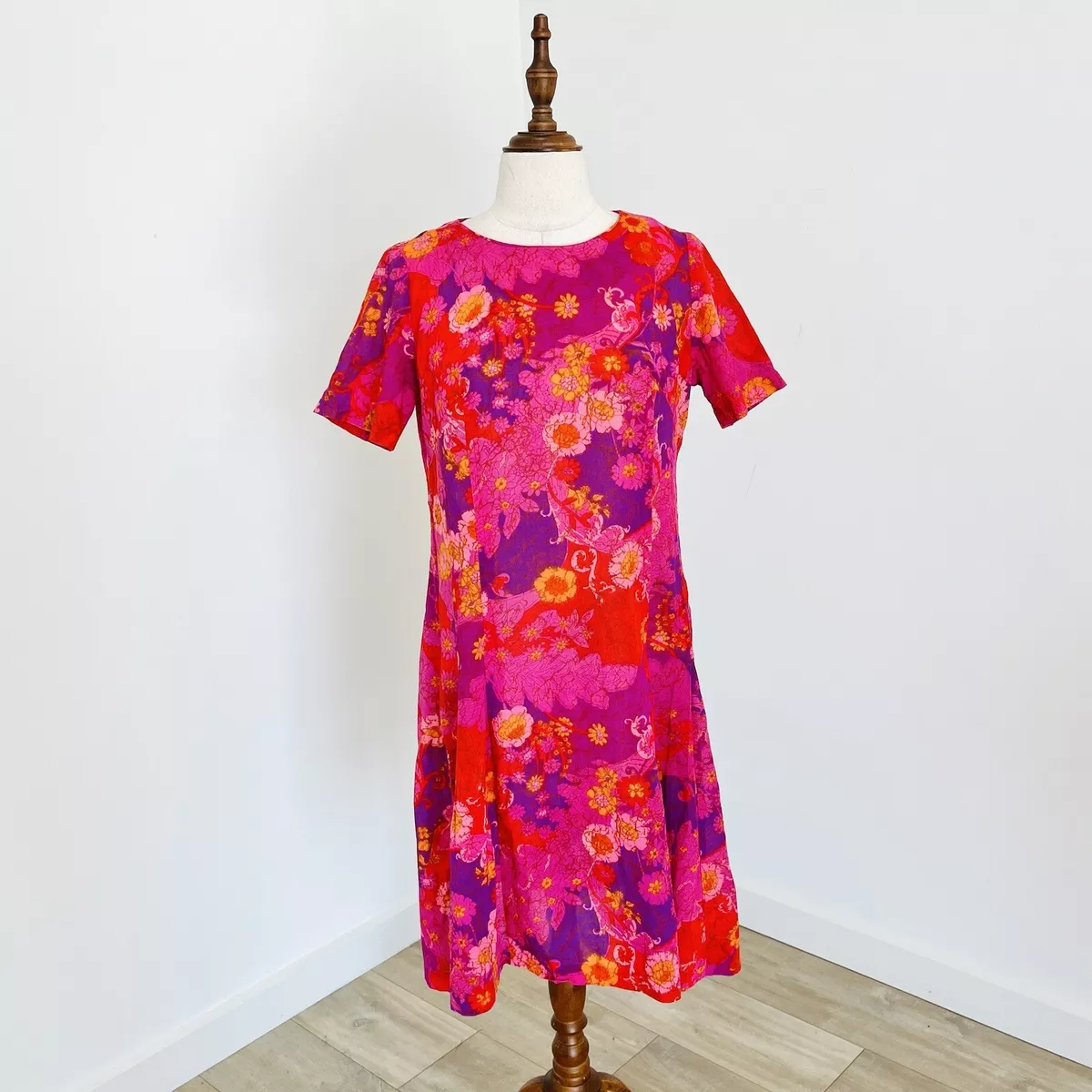 Vintage 60s David Jones Shift Dress Floral Pink Purple Lightweight Size 12 14