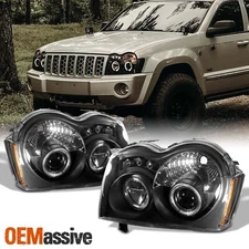 Fits 05-07 Jeep Grand Cherokee Black Bezel Dual Halo Projector LED Headlights