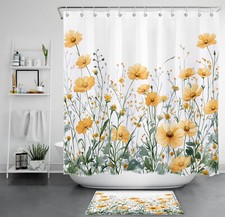 Garden Sage Green Leaf Yellow Daisy Flower Shower Curtain Set for Bathroom Decor