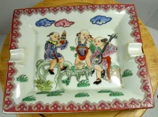 Vintage Asian musicians square two slot ceramic cigar ashtray Macau tobacciana