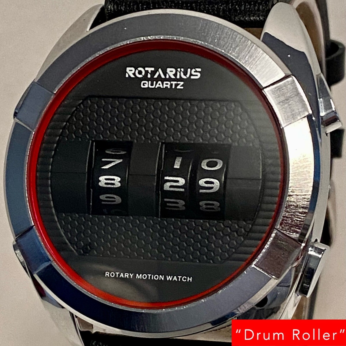 Drum Roller” Black Dial/45mm Silvertone /Black Strap Rotarius