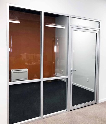 CGP Office Partition System, Glass Aluminum Wall 10' x 9' w/ Door Clear Anodized