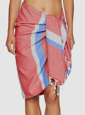 $198 Plush Women's Red Blue Soleil Turkish Summer Blanket Wrap Pareo Sz One Size