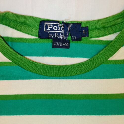 VTG Polo Ralph Lauren Green & White Striped Cotton T-Shirt Men's Large USA Made - Picture 3 of 6