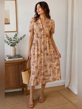 David Dart Mauve Floral Button-Front Vintage Midi Dress Size M Cottagecore