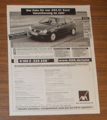 Seltene Werbung AXA Versicherung VW Polo 2003