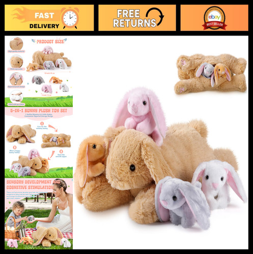 5 Pcs Large Bunny Plush Set - Mommy Rabbit & 4 Cute Baby Rabbits, Soft Cuddly Gi