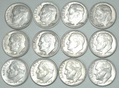 1959 1960 1961 1962 1963 1964 P-D Roosevelt Silver Dimes 12 Coins Free Shipping
