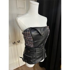 SM AKIRA Black Faux Leather Bustier with Multicolor Tweed
