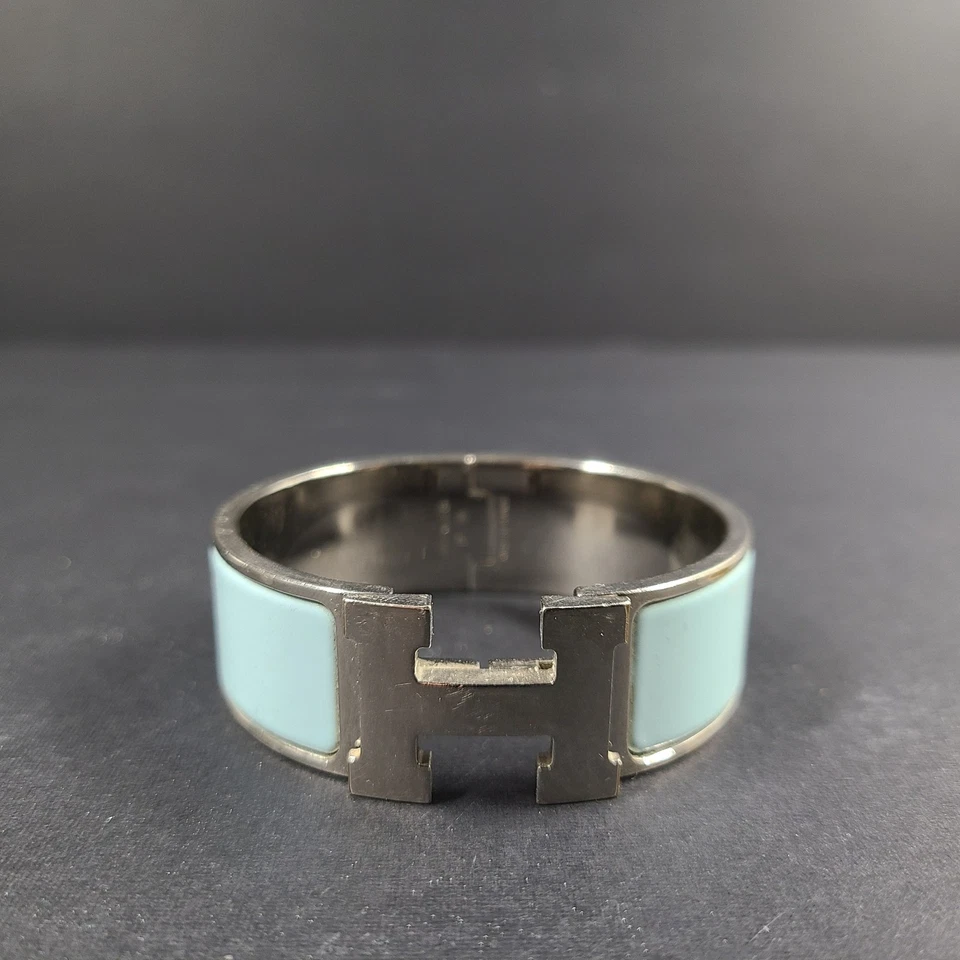 Pulsera Hermes Clic Clac H Esmalte Plateado Azul Claro Ancho PM 100% Auténtica Foto 2 de 4