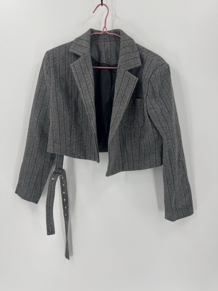 Grey striped short wool blend blazer with belt Sz m