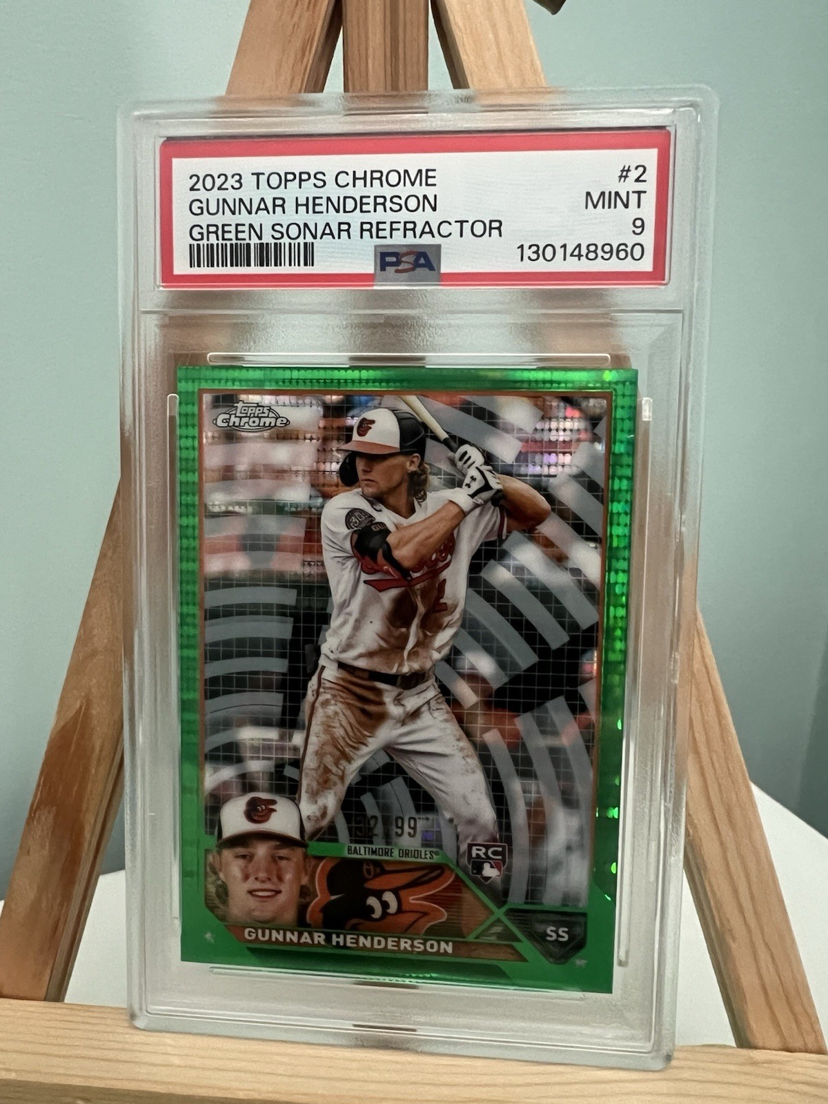 2023 Gunnar Henderson Topps Chrome #2 Green Sonar Refractor /99 PSA 9