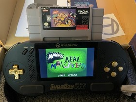 Hyperkin SupaBoy Portable Pocket Black Gold Console Two Carts Retro Gaming SNES