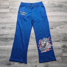 Ed Hardy Tiger Lotus ausgestellte Fleece-Jogginghose Damen Größe Medium blau guter Zustand