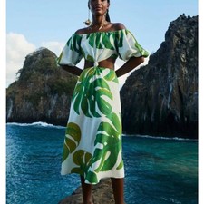 Farm Rio Monstera Midi Knot Dress Womens Medium Linen Blend Cutout Tropical