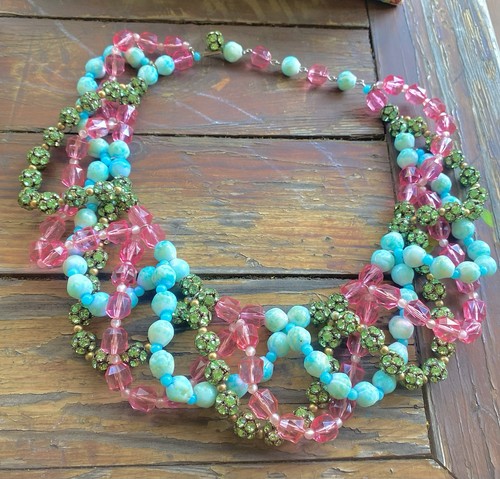 Multi-strand necklace W/faux turquoise, pink, and rhinestone-covered beads