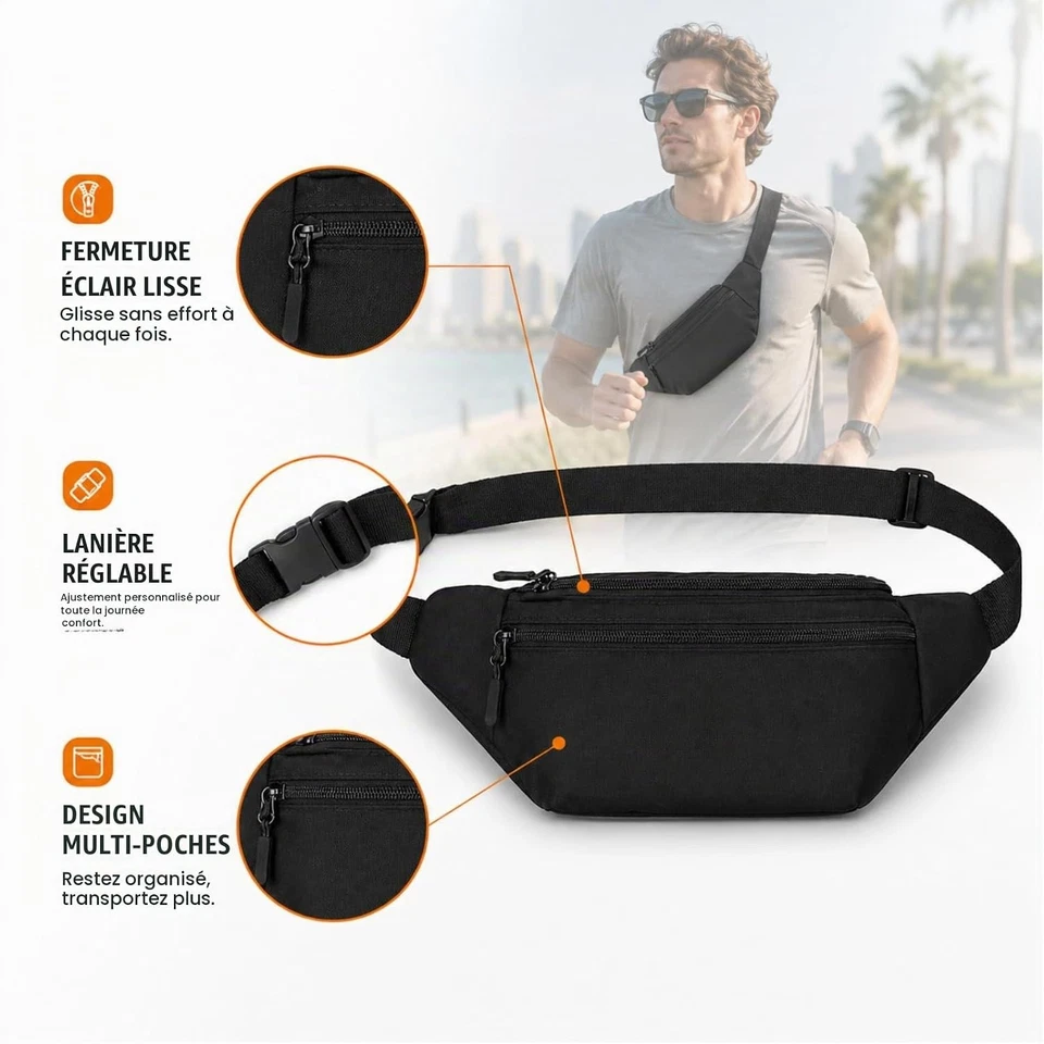 Sac Banane Cuir PU Imperméable Homme Femme 3 Poches Noir pochette voyage - Photo 3/4