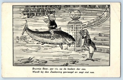 Rupert Bruintje Beer Riding Fish Sea King Netherlands Fantasy Vintage Postcard