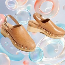 NEW Kelsi Dagger Brooklyn Tan Leather Slingback Wood Clogs size 9 Retail $175
