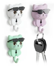 3PCS Punch Cute Key Holder for Wall Interesting Hanging Cat Hook for Hanging ...