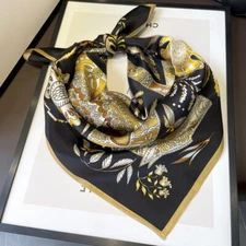 100% Silk Scarf Women VintageBlack Golden Horse Kerchief Headscarf Tied 68*68cm