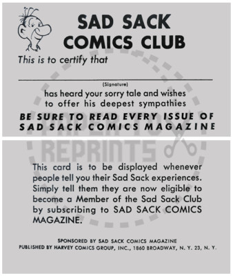 SAD SACK COMICS CLUB MEMBERSHIP CARD - VINTAGE REPRINT
