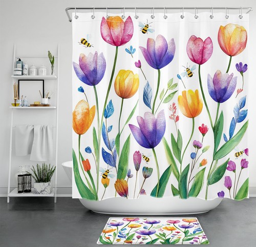Juego de cortinas de ducha florales de tulipán púrpura hojas verdes planta abeja para decoración de baño - Imagen 17 de 23