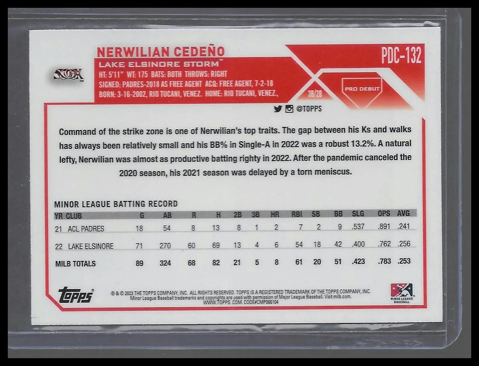 2023 Topps Pro Debut Chrome #PDC-132 Nerwilian Cedeno Lake Elsinore Storm - Image 2 of 2