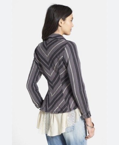 Free People Charcoal Combo Rumpled Stripe Yarn Dye Linen 4 Blazer Orig $128 EUC - Picture 2 of 7