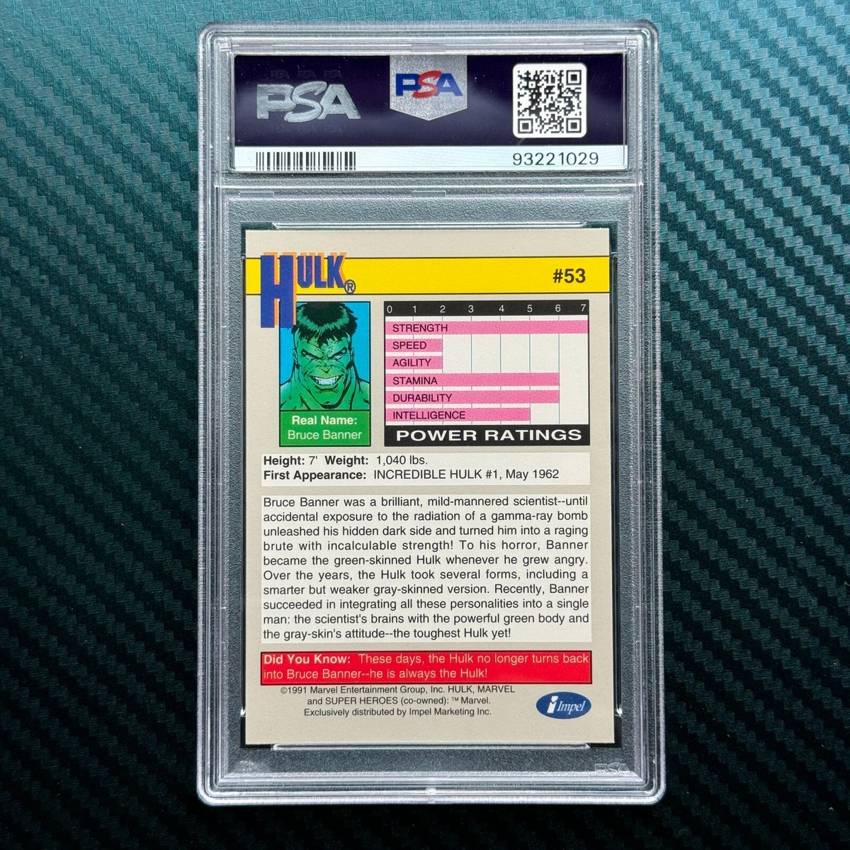 MARVEL allure マイティー・ソー　99シリ psa10 1991 Marvel Universe #53 Hulk - PSA 10 - GEM MT Trading Card