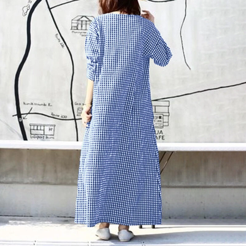 Fashion Womens Check Plaid O Neck Long Dress Casual Loose Shirt Dresse - Image 4 of 4